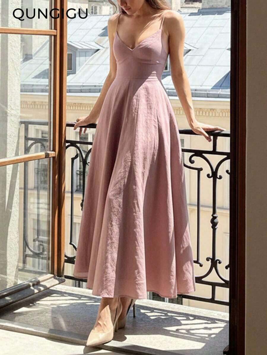 Vestido midi elegante de mujer con cuello en V, vestido de tirantes de mezcla de lino con corte evasé y espalda descubierta, adecuado para vacaciones, playa, boda, fiesta de cóctel - Rosa vieja - Ver 1