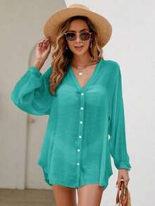 Holidaya Kimono unicolor con botón delantero - Verde - Ver 4