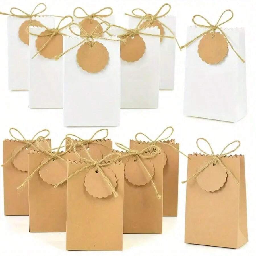 20pcs/50pcs Mini Vintage Kraft Paper Gift Boxes With Jute Rope And Tags, Gift Packaging Boxes, Suitable For Wedding, Birthday, Holiday Party, Christmas, Valentine's Day, Easy To Assemble, Finished Box Size 7cm*3.5cm*11cm