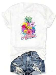 Camiseta de cuello redondo con estampado gráfico de piña tropical floral, vibración de verano hawaiana, parrimavera y verano, ropa de mujer talla grande - Blanco - Ver 2