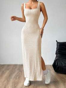 maxi informal sin mangas con abertura lateral, atuendo de mujer - Albaricoque - Ver 6