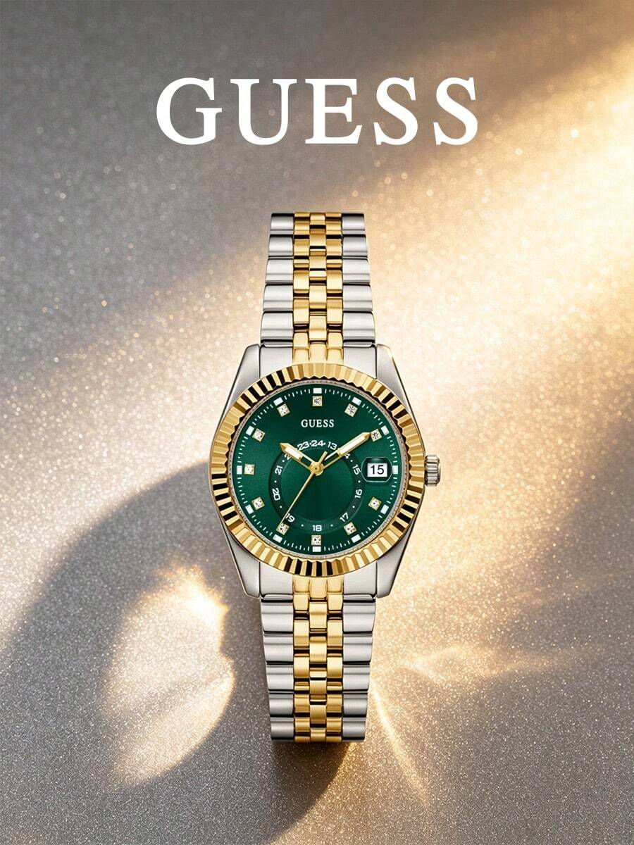 Guess Đồng hồ nữ/Đồng hồ đeo tay nữ, Đồng hồ đeo tay sang trọng kiểu cổ điển mặt số xanh lá cây, dây đeo vàng, vạch chỉ giờ đính đá quý, máy quartz, phù hợp cho công sở và sinh hoạt, thiết kế chống nước thanh lịch và thời trang, đồng hồ đeo hàng ngày trưởng thành và ổn định, phụ kiện đồng hồ đeo tay tinh tế và thời trang, lựa chọn quà tặng tốt nhất cho phái nữ. Mã sản phẩm: GW0936L3. - màu xanh lá - Xem 1