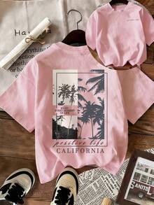 Nueva camiseta de verano para mujer, estilo casual con estampado de eslogan, corte holgado, cuello redondo, mangas cortas color albaricoque.Top moderno para uso diario y vacaciones, rosa - rosa caramelo - Ver 6