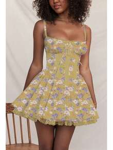 Women's Short Dress With Lace Straps And Fitted Design - 黃色 - 查看 3