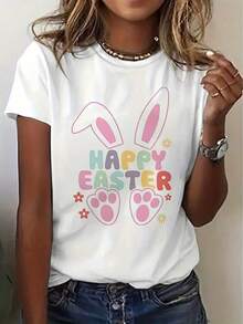 Mexican Basic Women's Easter Bunny Graphic T-Shirt, Casual Crew Neck Short Sleeve T-Shirt, 100% Polyester Knit, Summer And Spring Top, Regular Length - 180gsm - Vintage Street Style Unisex Loose Cotton Short Sleeve Crew Neck T-Shirt New Launch - 白色 - 查看 7