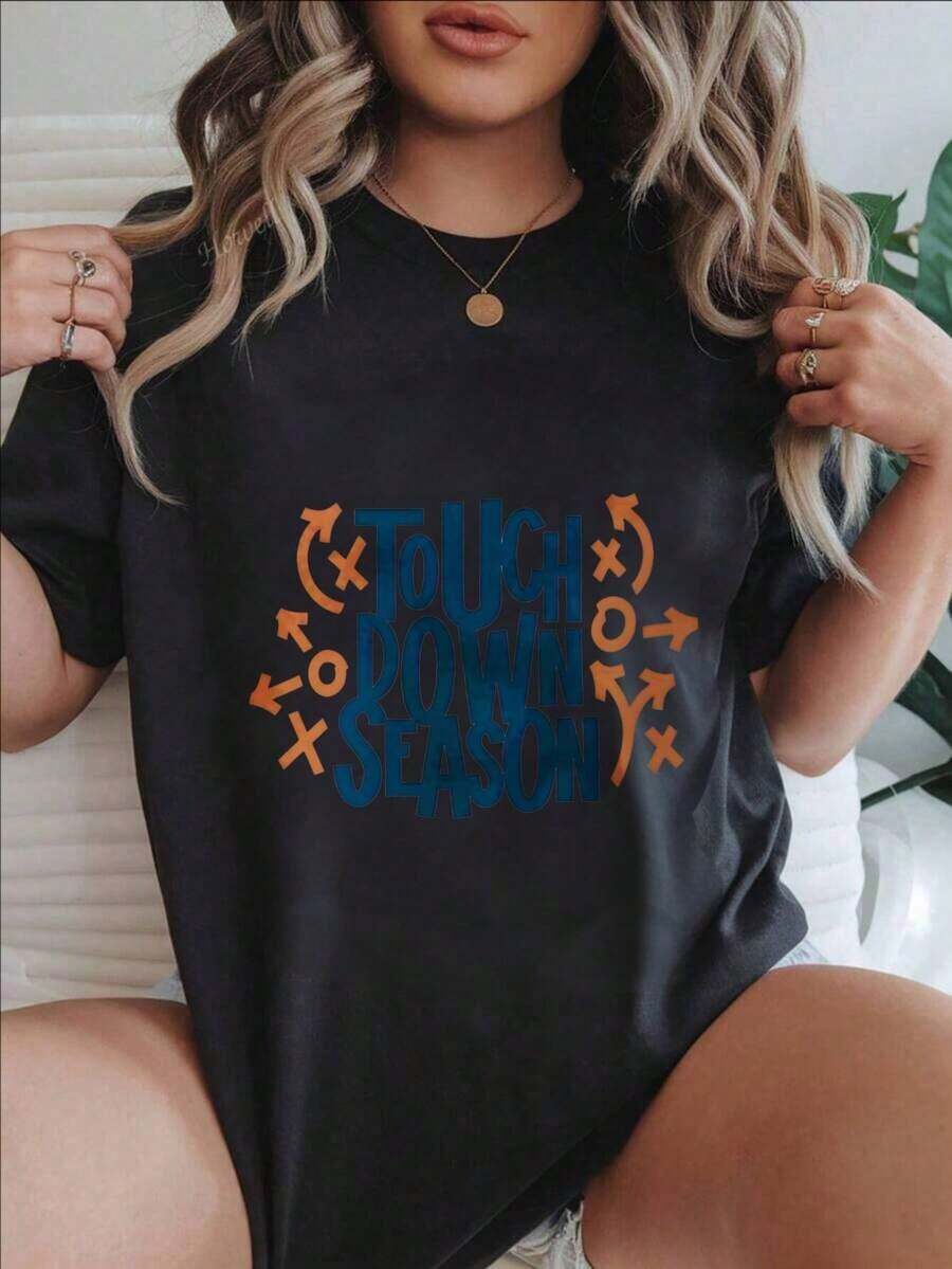 Women's Casual T-Shirt With Modern Print, Ideal For American Football Season, Suitable For All Seasons
Black - 黑色 - 查看 1