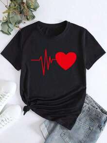 Camiseta de manga corta con cuello redondo para mujer, estampada con motivos de corazones y ECG, sencilla y elegante. - Negro - Ver 6