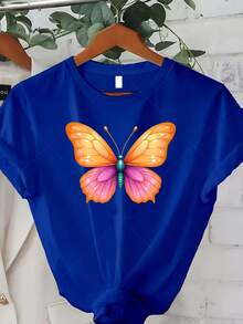 Women's Plus Size Classic T-Shirt With Butterfly Print - Casual Short Sleeve Crew Neck Top, Breathable For Spring And Autumn, Ideal For Spring And Summer Outfits, Perfect Gift For Thanksgiving, Christmas And New Year (Comfortable T-Shirt For Everyday Wear) Best Seller - 藍色 - 查看 7