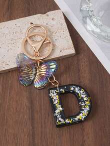 1pc A-Z Black Glitter Letter & Butterfly Keychain, Initial Resin Keyring, Holographic Butterfly Bag Charm, Car Key Accessory, Fashion Aesthetic Gift For Girls - Black - View 28