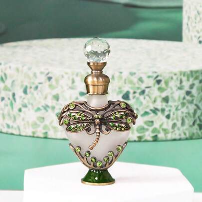 1pc 10ml Green Dragonfly Rhinestone Heart-Shaped Glass Perfume Essential Oil Decant Bottle, Desktop Decoration Ornament, Vanity Decor, Durable And Portable, Refillable Reusable Container, Home Decor Vanity Ornament Women Girls Holiday Gift, Daily And Travel Essential Accessory, Women's Personal Care Accessory (Empty Bottle, No Perfume)