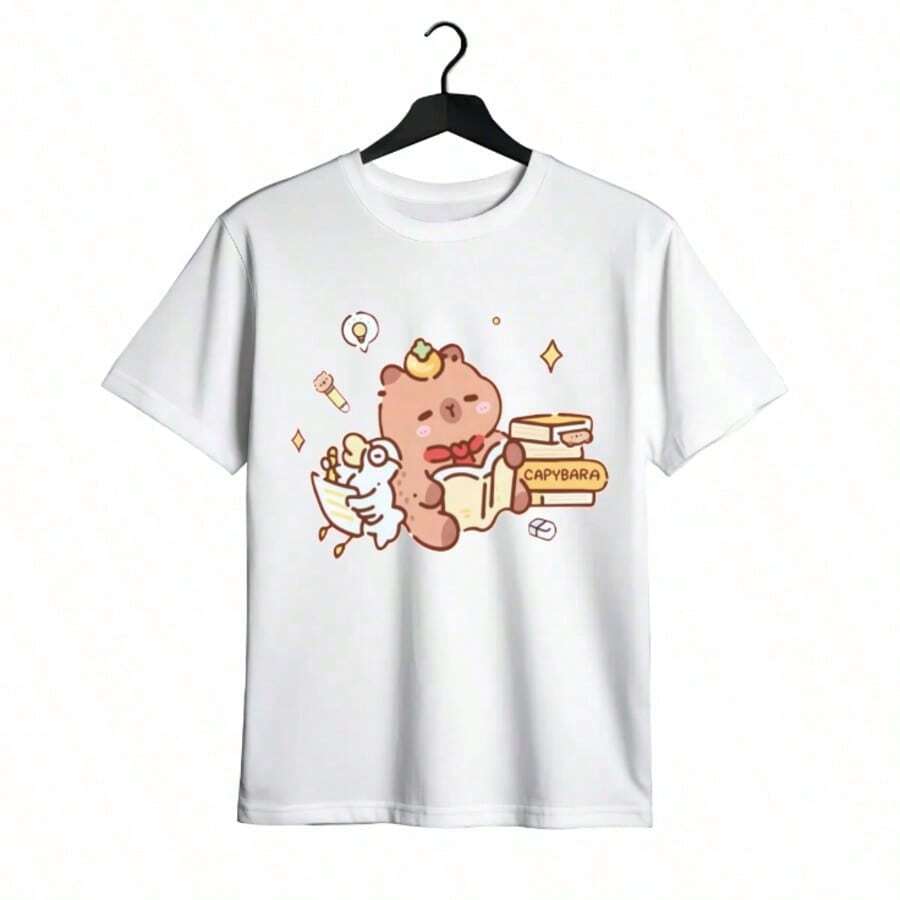 Tops para mujer Casual de Algodón para Mujer, Manga Corta, Cuello Redondo, con Estampado de Dibujos Animados - Blanco - Ver 1
