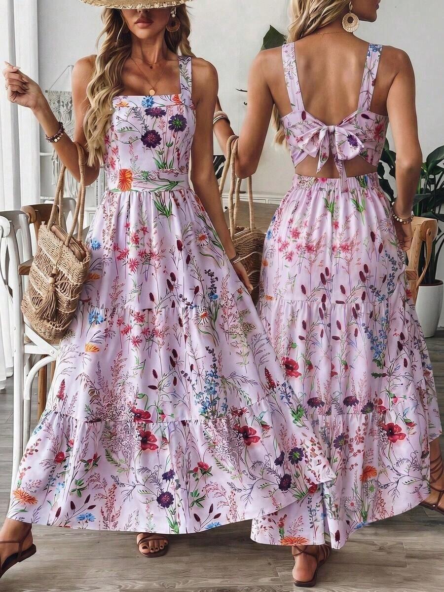 Vestido con estampado floral y cintura ceñida con diseño de lazo en la espalda, elegante para vacaciones, ir al trabajo y uso diario - Morado - Ver 1