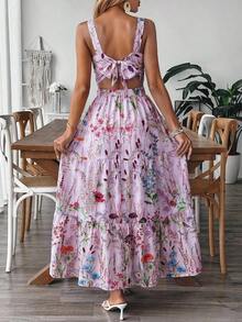 Vestido con estampado floral y cintura ceñida con diseño de lazo en la espalda, elegante para vacaciones, ir al trabajo y uso diario - Morado - Ver 2