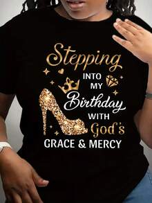 Women's Birthday Celebration T-Shirt - Sparkling Gold Text: "Celebrating My Birthday With God's Grace And Mercy" - Casual White T-Shirt For Everyday Wear And Parties - Comfortable Women's T-Shirt For All Seasons - Birthday Party Outfit Idea, Festive Wear, Fun Design, Breathable Material, Eye-Catching T-Shirt, For Fashion Lovers, Casual Short Sleeve Crew Neck T-Shirt, Fashionable Women's Clothing For All Seasons - 黑色 - 查看 2