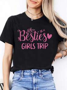 Camiseta de Viaje para Mejores Amigas - Letras Rosas y Corazón, Conjuntos BFF a Juego, Manga Corta y Cuello Redondo para Grupos de Viaje, Regalo para Amigas - Negro - Ver 1