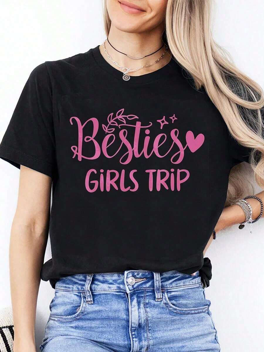Camiseta de Viaje para Mejores Amigas - Letras Rosas y Corazón, Conjuntos BFF a Juego, Manga Corta y Cuello Redondo para Grupos de Viaje, Regalo para Amigas - Negro - Ver 1