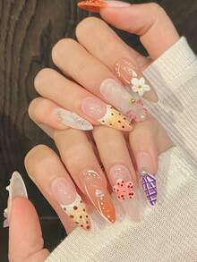 10pcs/Set Press On Nail Tips, Tropical Style, Vacation, Carved, French Style, Almond Shaped Nails, European And American Style, Summer Dopamine, High End Feel, All Handcrafted Wearable Nails. - Burnt Orange - View 3