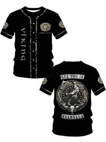 Camiseta de béisbol vikinga para hombres - Estampado nórdico negro, diseño de hacha y escudo, camisa casual de verano transpirable y abotonada, ajuste regular para deportes y ocio al aire libre, tela de fácil cuidado, regalo perfecto - Multicolor - Ver 3
