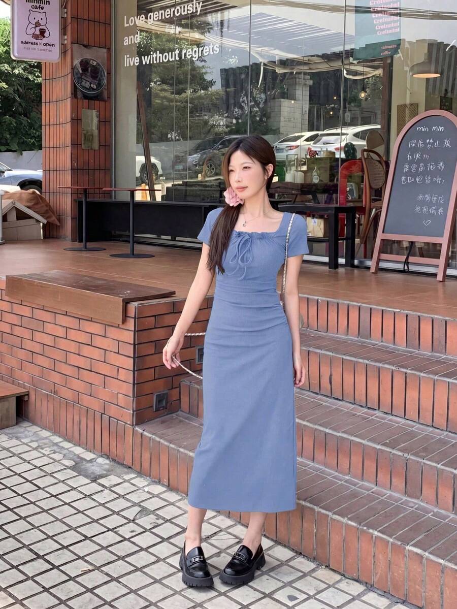 Y6Y 法国蓝女士春夏性感修身中长款方领连衣裙,优雅 - 霧霾藍 - 查看 1