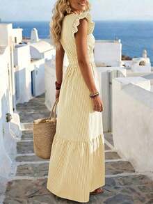 Falda ajustada de línea A con volantes con estampado de hojas en escote en V, vestido de rayas casual de verano para vacaciones, ropa de primavera/verano, falda a rayas amarilla y blanca, vestido de vacaciones para mujer, vestido de estilo bohemio de verano elegante para mujer - Amarillo - Ver 2