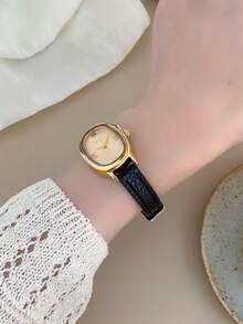 1pc Retro Style Adjustable Strap Quartz Women's Watch Elliptical With Roman Numeral Scale For Compact And Perfect For Daily - Black - View 5