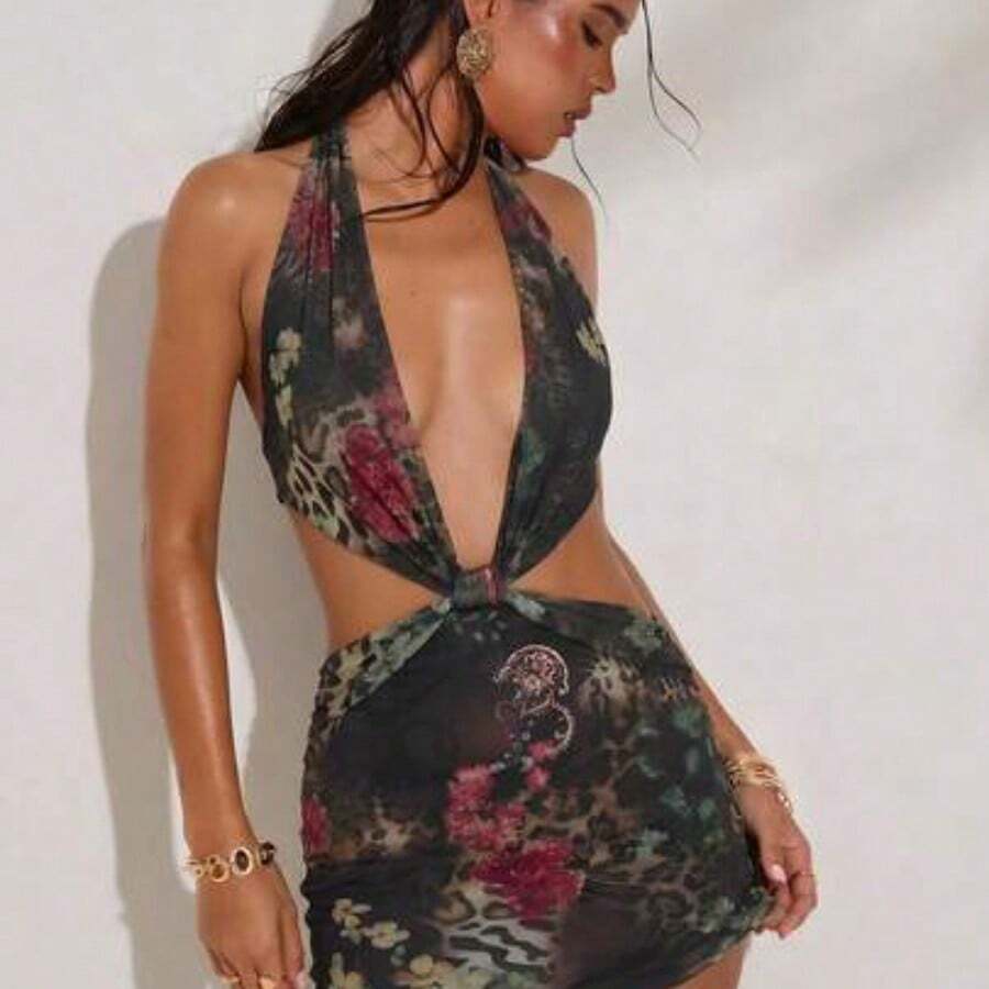 1 Piece Spring And Summer Tropical Plant Mesh Print Sexy Hollow Low Waist Mini Dress Suitable For Club Island Vacation Outfits, Honeymoon Outfits Woman, Pool Party Outfit Vacation Outfits Woman Ibiza Outfit, Holiday, Festival, Vacation Beachwear, Beach,Bohemian Clothes - Multicolor - Ver 1