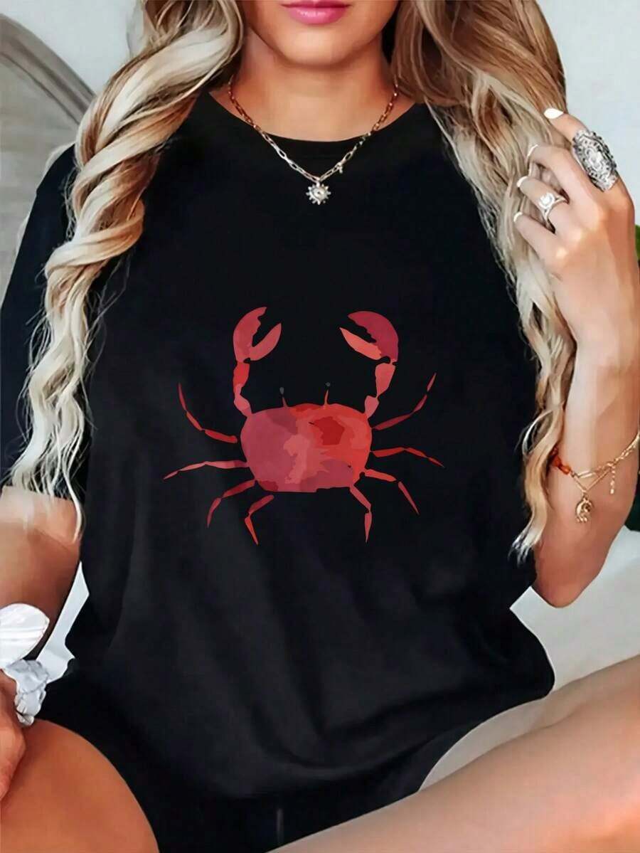 ropa de mujer Camisetas de algodón con cuello redondo y estampado gráfico para mujer, estampado de cangrejo rojo en la camiseta, camisetas casuales de manga corta de gran tamaño, camisetas unisex, camisetas de moda de primavera y verano para mujer, camisas de mujer - Negro - Ver 1