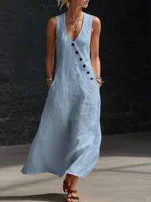 New 2026 Women's Summer Tank Dress Solid Color V-Neck Buttoned Sleeveless - 藍色 - 查看 1