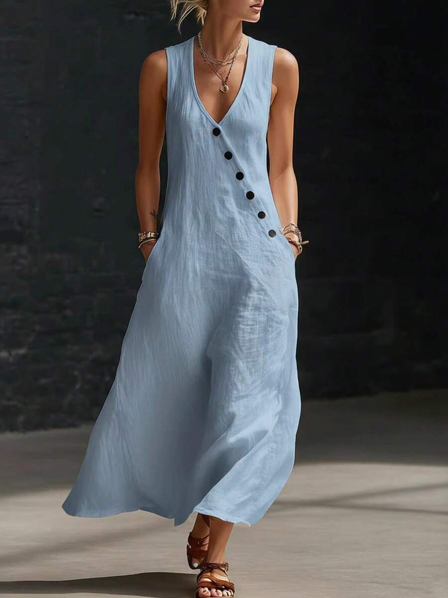 New 2026 Women's Summer Tank Dress Solid Color V-Neck Buttoned Sleeveless - 藍色 - 查看 1