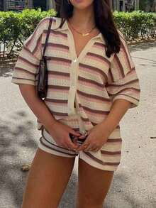 Conjunto de 2 piezas de verano para mujer, estilo vintage y vacacional, de punto, ligero y transpirable, con diseño calado, top de rayas con botones y pantalón corto de cintura elástica, adecuado para uso diario, vacaciones en la playa, estilo callejero, citas festivas, fiestas en la playa primaveral - Multicolor - Ver 5