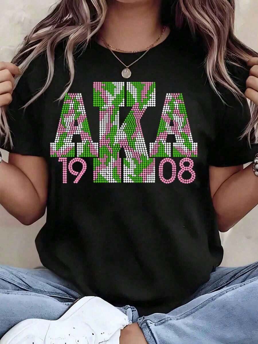 Camiseta de Mujer 1908 Rosa y Verde con Estampado de Pedrería, Cuello Redondo, Estilo Casual, Regalo para Miembros de la Sororidad Aka - Estilo Urbano Vintage, Unisex, de Algodón, Manga Corta, Cuello Redondo - Negro - Ver 1