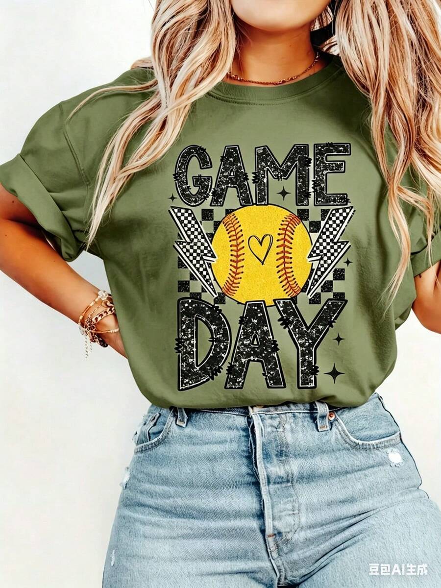 Game Day Short Sleeve Softball Mom Ladies Top, Comfortable Fabric - 2026 New Women's T-Shirts - Easter Tops - White Tanktop - Summer Top - 軍綠色 - 查看 1