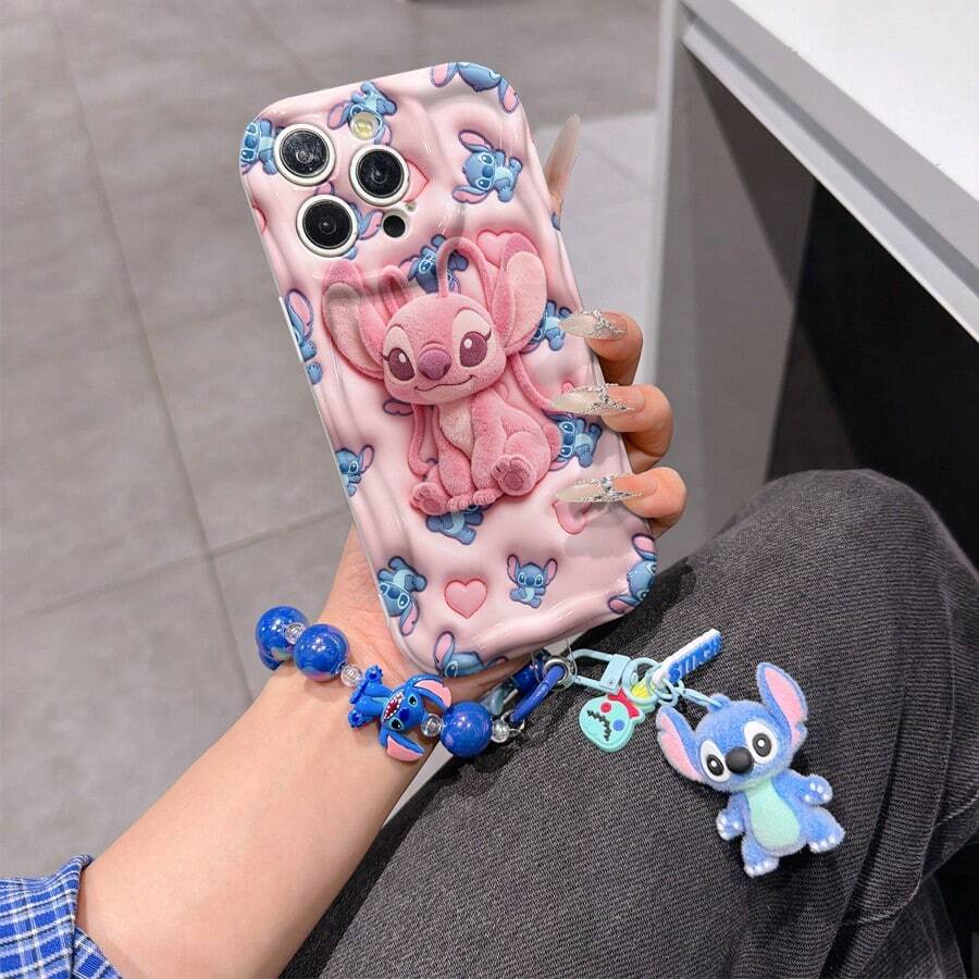 Disney Lilo & Stitch Phone Case With Stitch And Angel Charm And Stitch Lanyard - Cute Stitch And Angel Protective Case With All-Over Print And Heart Accent Design, Equipped With Delicate Stitch Decorative Lanyard And Beaded Bracelet For Easy Carrying, Compatible With IPhone 17, 16, 15, 14, 13, 12, 11 Pro Series, Ideal For Birthdays, Holidays, Anniversaries, Graduation Gifts, Or Any Special Occasion To Surprise Family, Friends, Classmates, And Loved Ones. - White - View 1