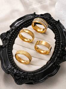 4pcs Elegant Stainless Steel Gold Rings With Zirconia, Polished & Matte Finish, Unisex Rings, Party Accessories - Gold - View 5