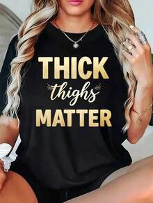 Plus Size - Plus Size - Thigh High Thigh High T-Shirt Gold Print Statement Top - 黑色 - 查看 1