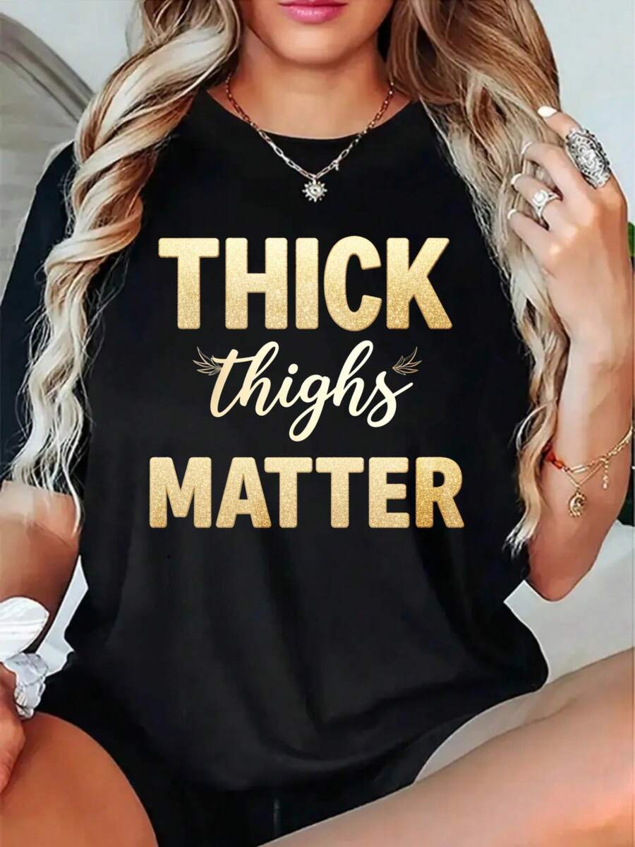 Plus Size - Plus Size - Thigh High Thigh High T-Shirt Gold Print Statement Top - 黑色 - 查看 1