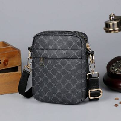 Summer New Black PU Retro Pattern Casual Men's Shoulder Bag, Fashionable Minimalist Crossbody Bag, Lightweight Portable Square Bag With Adjustable Strap, Water-Resistant And Scratch-Resistant, Suitable For Work Commute, Outdoor Activities, Shopping, Dating, Gift For Men, Boyfriend, Father, Holiday Gift