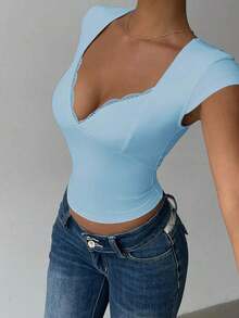 Camiseta sin mangas de ajuste ceñido con cuello en forma de corazón y parches de encaje de unicolor para mujer - Azul - Ver 3