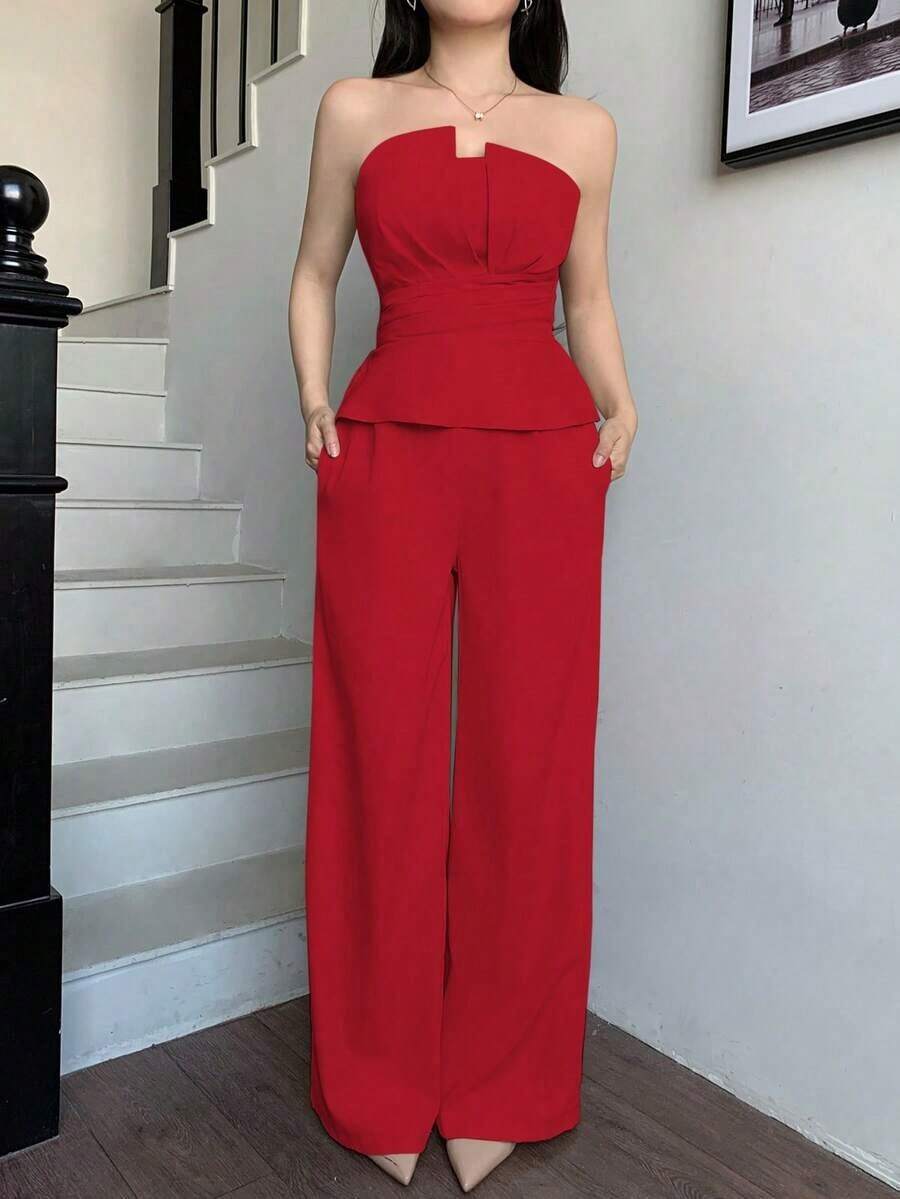 de 2 piezas de top de tirantes con volantes morado y pantalones de pierna ancha para mujer, elegante y de moda, adecuado para la oficina, el transporte, el estilo retro, fiestas, citas, el Día de San Valentín, uso en primavera/verano - Rojo - Ver 1
