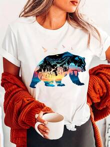 Soft 100% Cotton T-Shirt With Bear Print, Round Neck, Short Sleeve, Casual, For Spring And Summer, Women's Clothing, Breathable Cotton T-Shirt, Goes With Everything, Great. - 白色 - 查看 1