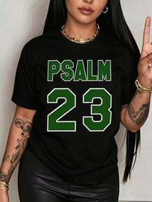 Women's Casual T-Shirt With Psalm 23 Bible Verse - Soft And Breathable, 100% Cotton, Crew Neck, Short Sleeve, Suitable For Church, Casual Wear, And Personal Expression - Machine Washable, White And Green Lettering - Ideal Gift For Believers - Artistic Geometric Design, Loose Fit For Spring And Summer, Modern And Comfortable For Everyday Wear, 100% Cotton, Durable - 黑色 - 查看 7