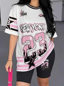 Conjunto de camiseta y pantalones cortos de ciclista con estampado gráfico de número 13 y eslogan, de moda casual para mujer - Multicolor 4 - Ver 6