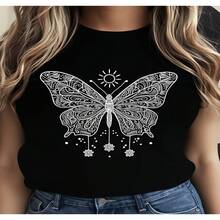 Women's Casual Cotton Butterfly Print T-Shirt, Short Sleeve Round Neck Tee with Elegant Design - Negro - Ver 1