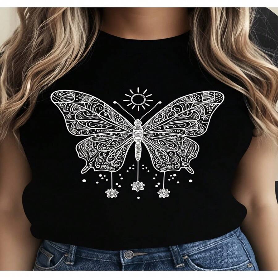 Women's Casual Cotton Butterfly Print T-Shirt, Short Sleeve Round Neck Tee with Elegant Design - Negro - Ver 1
