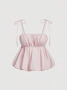 Top con dobladillo de pompón rosa para mujer, camisola de verano, San Valentín, top de tirantes de gasa rosa, top para invitada de boda, tela de poliéster suave, estilo babydoll sin mangas, look femenino y romántico, fiesta de despedida de solte - Rosa Pálido - Ver 1