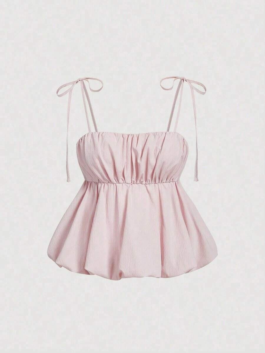 Top con dobladillo de pompón rosa para mujer, camisola de verano, San Valentín, top de tirantes de gasa rosa, top para invitada de boda, tela de poliéster suave, estilo babydoll sin mangas, look femenino y romántico, fiesta de despedida de solte - Rosa Pálido - Ver 1