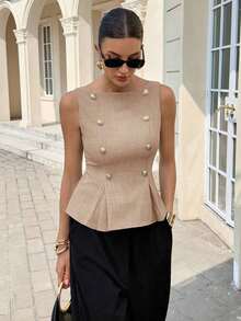 Blusa elegante sin mangas con cintura ceñida para uso diario, verano - Albaricoque - Ver 1
