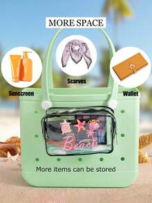 New "Beach" Print Waterproof PVC Beach Bag, Decorated With Shells And Starfish, Beach Accessories, Toiletry Bag, Travel Accessories, Suitable For Decorative Items, Suitable For Travel And Outings, Durable Waterproof And Wear-Resistant, Easy To Clean, Suitable For Bogg Bags, Transparent Bogg Cosmetic Bag With Phone Holder, Internal Compartment Storage Space, Suitable For Travel Cosmetic Bag - Multicolor - View 8