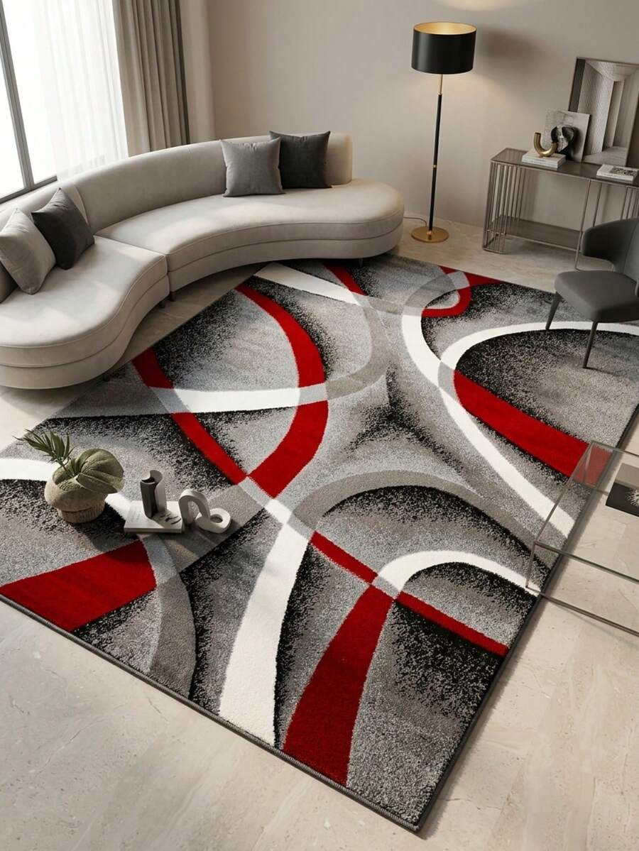 1pc Luxury Elegant Minimalist Modern Abstract Geometric Lines Area Rug, European & American , Red-Gray Rectangular Soft Faux Wool Washable Carpet, Suitable For Living Room, Bedroom, Entryway, Bathroom, Hallway, Patio, Kitchen, Indoor Outdoor, All Season Large Size Mat, Home Decor - Multicolor - View 1