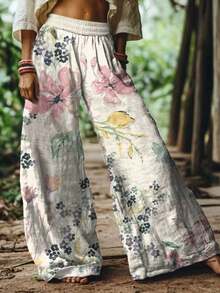 Summer Vacation Outfits Women2026 Spring Summer New Arrival Vintage Bohemia Floral Pattern Women's Casual Pants Elastic Waist Trousers-Ladies' Elegant Retro Bohemian Casual Pants Beach Vacation Loose Printed Horn Wide Leg Pants Polyester PantsLoose And Comfortablepants - 彩色 - 查看 3
